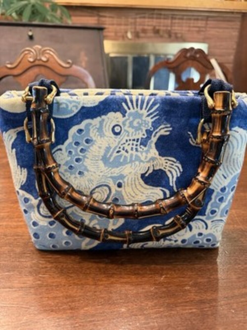 Vintage Bayheadbags Blue & Cream Chinoiserie Dragon Motif Dark Bamboo Handles